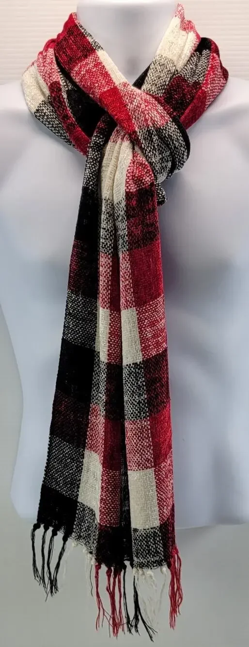a3) Vintage Women Checkered Plaid Fringed Tassel Scarf Red Black White 66